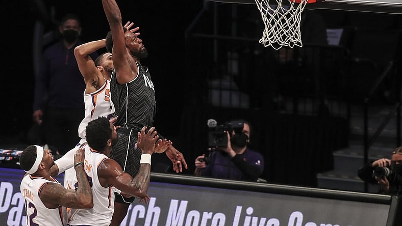 Apr 25, 2021; Brooklyn, New York, USA; Brooklyn Nets forward Jeff Green (8) goes in for a slam dunk in the first quarter against the Phoenix Suns at Barclays Center. Mandatory Credit: Wendell Cruz-USA TODAY Sports