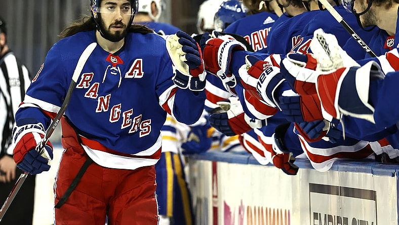 Apr 25, 2021; New York, New York, USA; Mika Zibanejad #93 of the New York Rangers celebrates his goal in the first period against the Buffalo Sabres at Madison Square Garden on April 25, 2021 in New York City.    Mandatory Credit: Elsa/Pool Photo-USA TODAY Sports