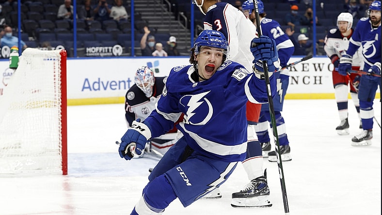 Apr 25, 2021; Tampa, Florida, USA;  Tampa Bay Lightning center Alex Barre-Boulet (60) reacts after scoring a goal against the Columbus Blue Jackets during the third period at Amalie Arena. Mandatory Credit: Kim Klement-USA TODAY Sports