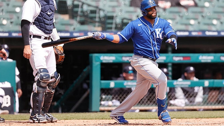 Apr 26, 2021; Detroit, Michigan, USA;  Kansas City Royals first baseman Carlos Santana (41) hits a two run home run in the third inning against the Detroit Tigers at Comerica Park. Mandatory Credit: Rick Osentoski-USA TODAY Sports