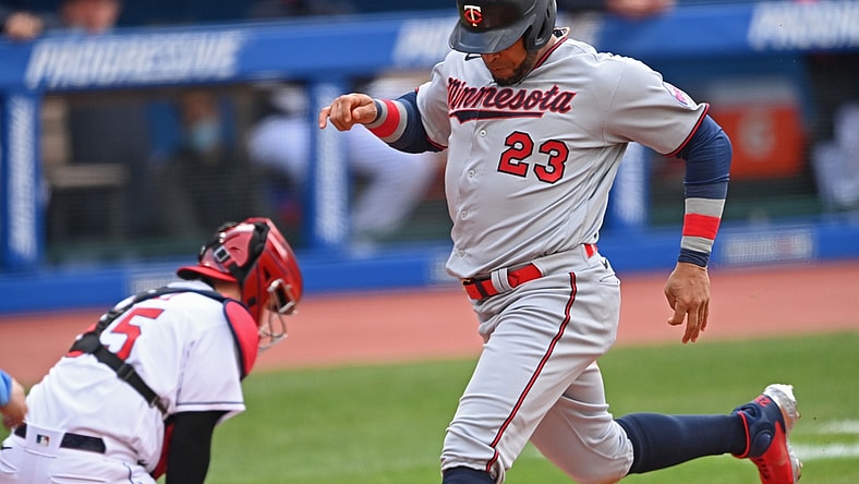 Apr 26, 2021; Cleveland, Ohio, USA; Minnesota Twins designated hitter Nelson Cruz (23) scores a run during the fourth inning against the Cleveland Indians at Progressive Field. Mandatory Credit: David Dermer-USA TODAY Sports