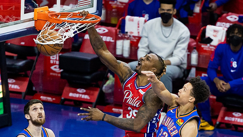 Apr 26, 2021; Philadelphia, Pennsylvania, USA; Philadelphia 76ers center Dwight Howard (39) dunks the ball past Oklahoma City Thunder center Isaiah Roby (22) during the first quarter at Wells Fargo Center. Mandatory Credit: Bill Streicher-USA TODAY Sports