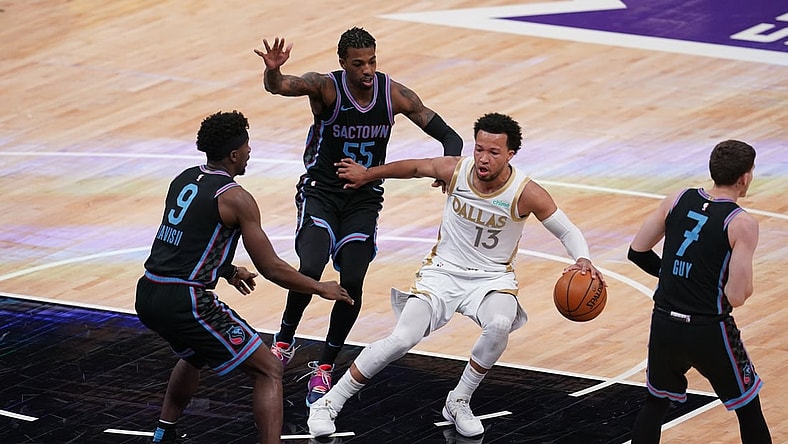 Apr 26, 2021; Sacramento, California, USA; Dallas Mavericks guard Jalen Brunson (13) dribbles the ball against the Sacramento Kings in the first quarter at the Golden 1 Center. Mandatory Credit: Cary Edmondson-USA TODAY Sports