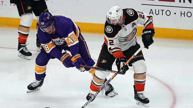 Apr 26, 2021; Los Angeles, California, USA; LA Kings left wing Brendan Lemieux (48) and Anaheim Ducks defenseman Kevin Shattenkirk (22) battle for the puck during the second  period at Staples Center. Mandatory Credit: Kirby Lee-USA TODAY Sports