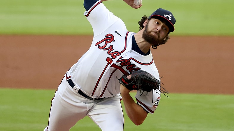 Apr 27, 2021; Atlanta, Georgia, USA; Atlanta Braves starting pitcher Ian Anderson (36) throws to a Chicago Cubs batter during the first inning at Truist Park. Mandatory Credit: Jason Getz-USA TODAY Sports