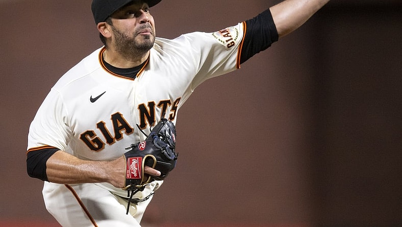Apr 27, 2021; San Francisco, California, USA; San Francisco Giants pitcher Jos   lvarez (48) pitches against the Colorado Rockies during the fifth inning at Oracle Park. Mandatory Credit: D. Ross Cameron-USA TODAY Sports