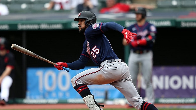 Apr 28, 2021; Cleveland, Ohio, USA; Minnesota Twins Byron Buxton (25) hits a single in the sixth inning against the Cleveland Indians at Progressive Field. Mandatory Credit: Aaron Josefczyk-USA TODAY Sports