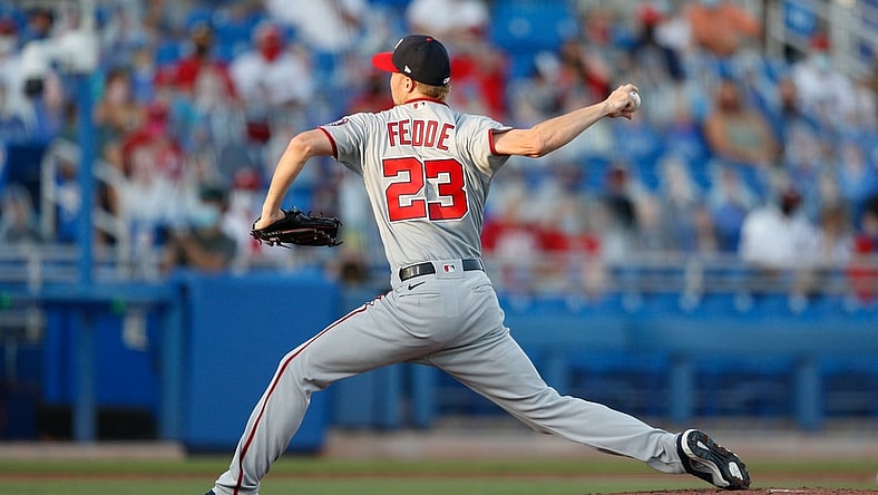 Apr 28, 2021; Dunedin, Florida, CAN;  Washington Nationals pitcher Erick Fedde (23) throws a pitch in the first inning against the Toronto Blue Jays at TD Ballpark. Mandatory Credit: Nathan Ray Seebeck-USA TODAY Sports