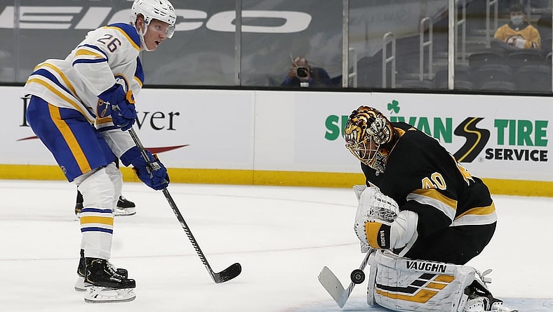 Apr 29, 2021; Boston, Massachusetts, USA; Buffalo Sabres defenseman Rasmus Dahlin (26) is stopped by Boston Bruins goaltender Tuukka Rask (40) on a breakaway during the second period at TD Garden. Mandatory Credit: Winslow Townson-USA TODAY Sports