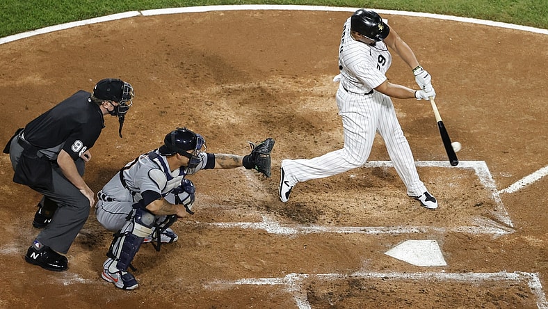 Apr 29, 2021; Chicago, Illinois, USA; Chicago White Sox first baseman Jose Abreu (79) singles against the Detroit Tigers during the first inning of the second game of a doubleheader at Guaranteed Rate Field. Mandatory Credit: Kamil Krzaczynski-USA TODAY Sports