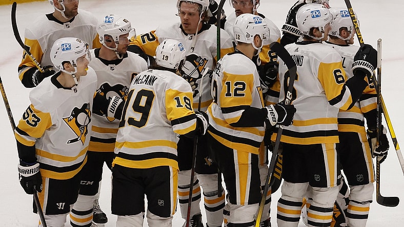 Apr 29, 2021; Washington, District of Columbia, USA; Pittsburgh Penguins left wing Jake Guentzel (59) celebrates with teammates after their game against the Washington Capitals at Capital One Arena. Mandatory Credit: Geoff Burke-USA TODAY Sports