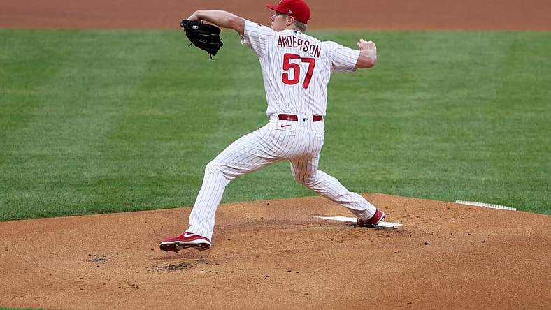 Apr 30, 2021; Philadelphia, Pennsylvania, USA; Philadelphia Phillies starting pitcher Chase Anderson (57) pitches against the New York Mets in the first inning at Citizens Bank Park. Mandatory Credit: Kam Nedd-USA TODAY Sports