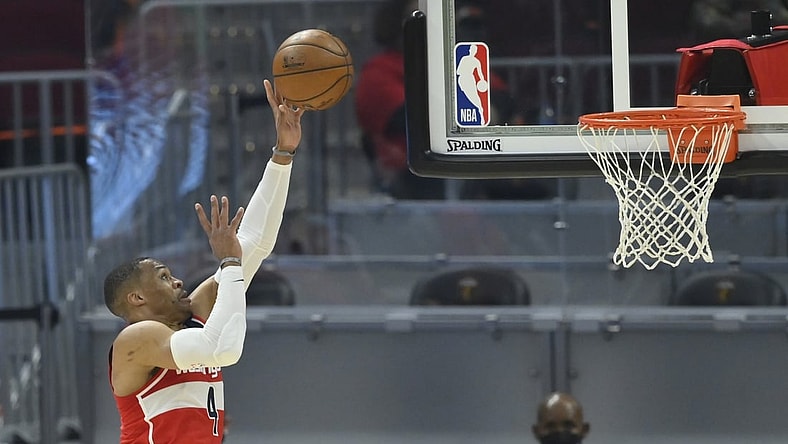 Apr 30, 2021; Cleveland, Ohio, USA; Washington Wizards guard Russell Westbrook (4) shoots in the second quarter against the Cleveland Cavaliers at Rocket Mortgage FieldHouse. Mandatory Credit: David Richard-USA TODAY Sports