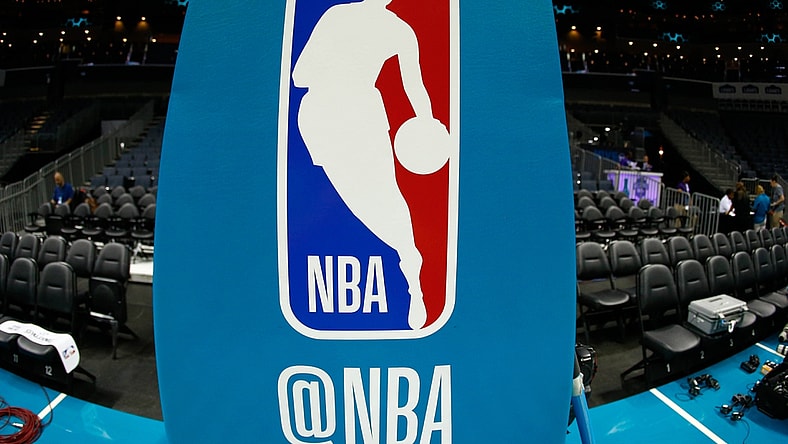 Oct 11, 2017; Charlotte, NC, USA; A general view of the NBA logo on the stanchion prior to the game between the Charlotte Hornets and the Boston Celtics at Spectrum Center. Mandatory Credit: Jeremy Brevard-USA TODAY Sports