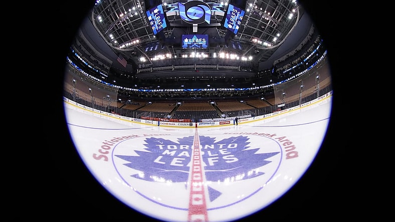 Feb 6, 2019; Toronto, Ontario, CAN; A general view of the arena and the team logo at center ice before the start of the Toronto Maple Leafs game against the Ottawa Senators at Scotiabank Arena. Mandatory Credit: Tom Szczerbowski-USA TODAY Sports