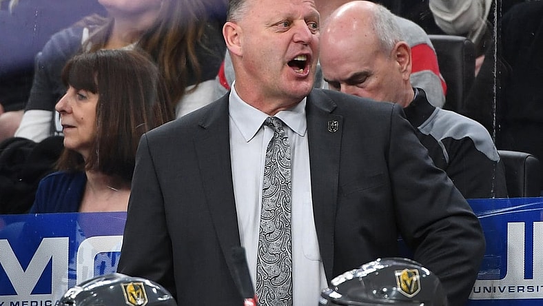 Mar 23, 2019; Las Vegas, NV, USA; Vegas Golden Knights head coach Gerard Gallant is pictured during the third period against the Detroit Red Wings at T-Mobile Arena. Mandatory Credit: Stephen R. Sylvanie-USA TODAY Sports