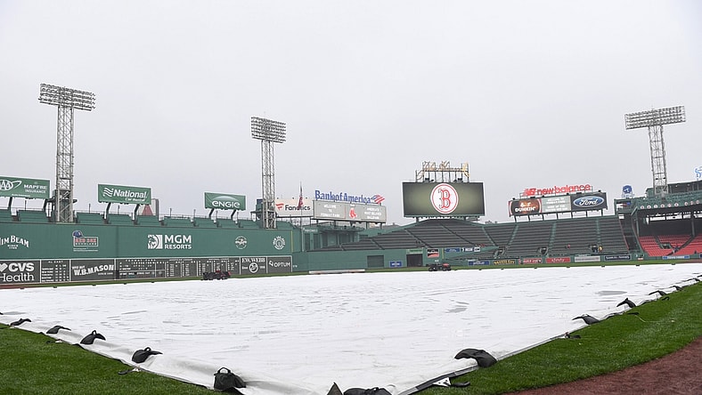 Apr 26, 2019; Boston, MA, USA; A general view of the tarp on the field prior to a game between the Boston Red Sox and the Tampa Bay Rays at Fenway Park. Mandatory Credit: Bob DeChiara-USA TODAY Sports