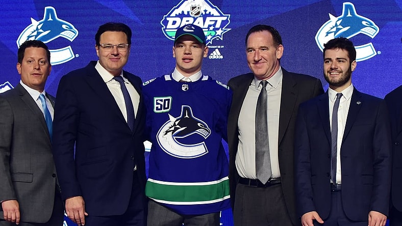 Jun 21, 2019; Vancouver, BC, Canada; Vasily Podkolzin poses for a photo after being selected as the number ten overall pick to the Vancouver Canucks in the first round of the 2019 NHL Draft at Rogers Arena. Mandatory Credit: Anne-Marie Sorvin-USA TODAY Sports