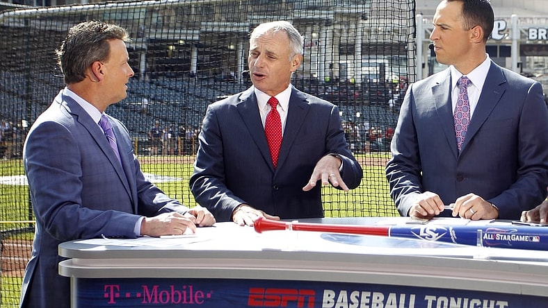 Jul 9, 2019; Cleveland, OH, USA; MLB commissioner Rob Manfred is interviewed on the ESPN set prior to the 2019 MLB All Star Game at Progressive Field. Mandatory Credit: Charles LeClaire-USA TODAY Sports