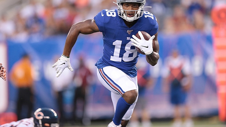 Aug 16, 2019; East Rutherford, NJ, USA; New York Giants wide receiver Bennie Fowler (18) catches a pass and runs for a touchdown during the first half against the Chicago Bears at MetLife Stadium. Mandatory Credit: Vincent Carchietta-USA TODAY Sports