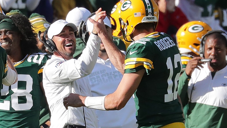 Green Bay Packers quarterback Aaron Rodgers (12) celebrates his 74-yard touchdown pass to Marquez Valdes-Scantling with Green Bay Packers head coach Matt LaFleur during the 4th quarter of the Green Bay Packers 42-24 win over the Oakland Raiders at Lambeau Field in Green Bay on Sunday, Oct. 20, 2019. Photo by Mike De Sisti/Milwaukee Journal Sentinel
Packers21 4373