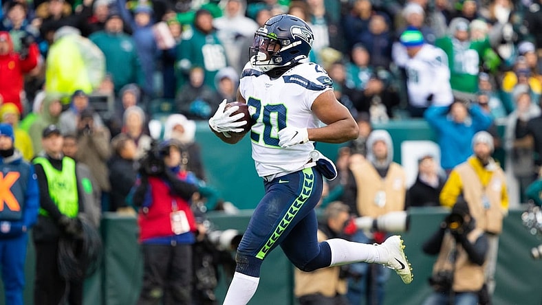 Nov 24, 2019; Philadelphia, PA, USA; Seattle Seahawks running back Rashaad Penny (20) runs for a touchdown against the Philadelphia Eagles during the fourth quarter at Lincoln Financial Field. Mandatory Credit: Bill Streicher-USA TODAY Sports