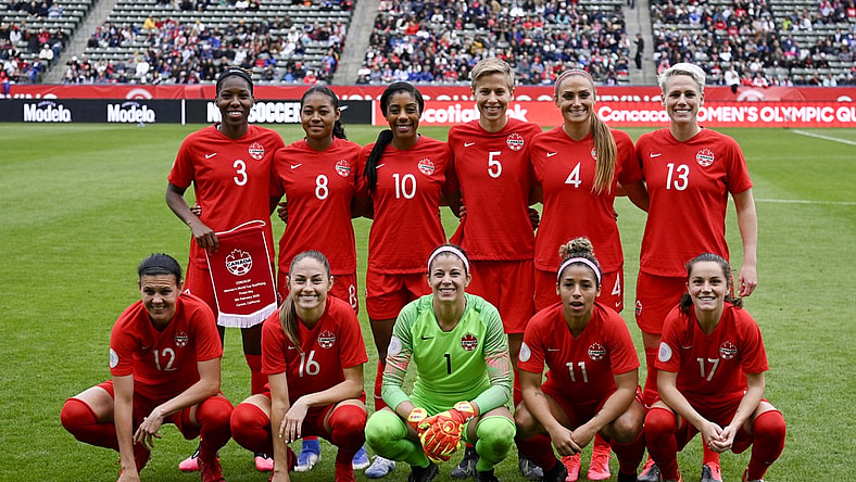 Feb 9, 2020; Los Angeles, Colorado, USA; Canada starting eleven pose for a team photo prior to the game against the United States during the CONCACAF Women's Olympic Qualifying soccer tournament at Dignity Health Sports Park. Mandatory Credit: Kelvin Kuo-USA TODAY Sports