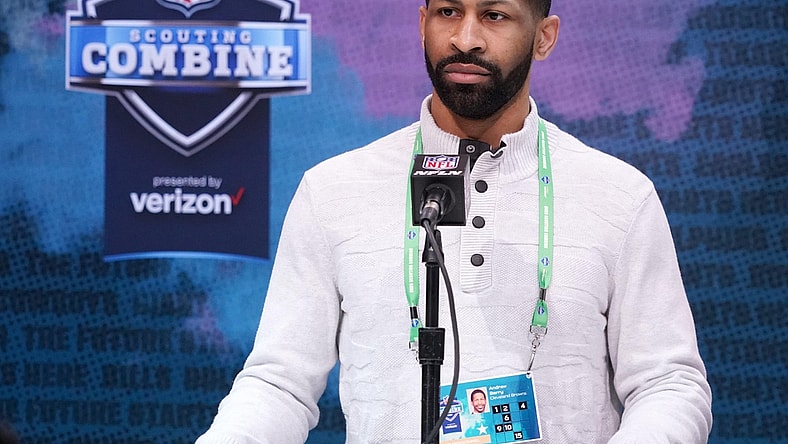Feb 25, 2020; Indianapolis, Indiana, USA; Cleveland Browns general manager Andrew Berry speaks during the NFL Scouting Combine at the Indiana Convention Center. Mandatory Credit: Kirby Lee-USA TODAY Sports