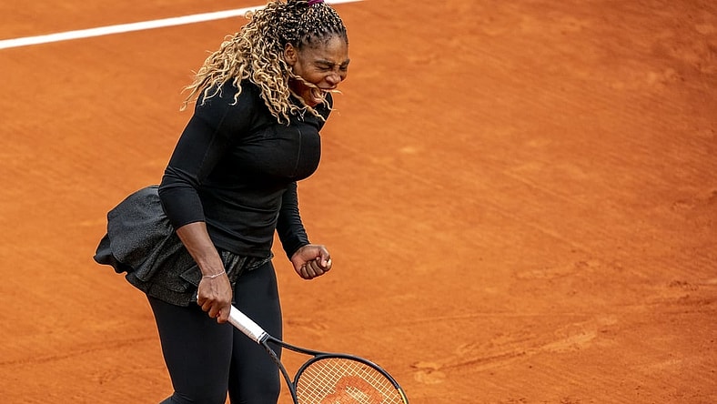Sep 28, 2020; Paris, France; Serena Williams (USA) reacts during her match against Kristie Ahn (USA) on day two of the 2020 French Open at Stade Roland Garros. Mandatory Credit: Susan Mullane-USA TODAY Sports