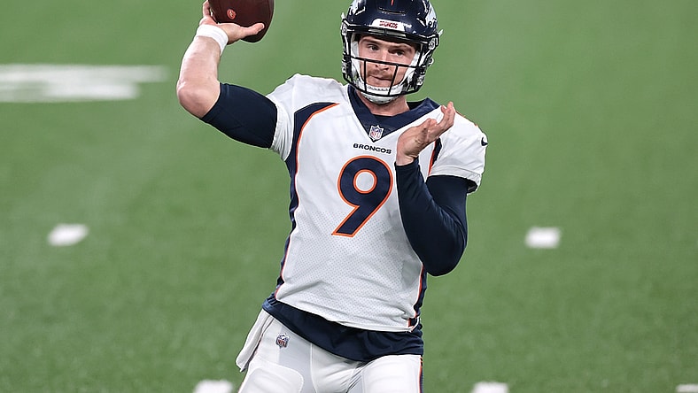 Oct 1, 2020; East Rutherford, New Jersey, USA; Denver Broncos quarterback Jeff Driskel (9) throws the ball before the game against the New York Jets at MetLife Stadium. Mandatory Credit: Vincent Carchietta-USA TODAY Sports