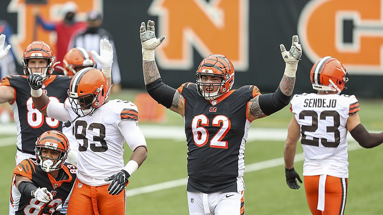 Oct 25, 2020; Cincinnati, Ohio, USA; Cincinnati Bengals offensive guard Alex Redmond (62) celebrates a touchdown against the Cleveland Browns in the first half at Paul Brown Stadium. Mandatory Credit: Katie Stratman-USA TODAY Sports