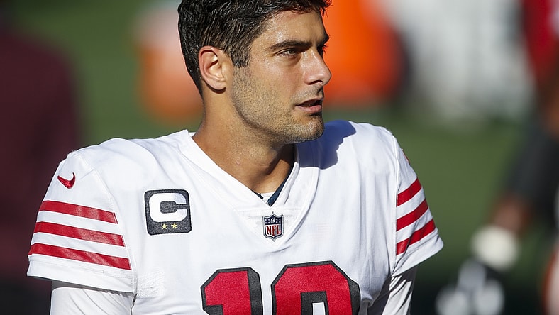 Nov 1, 2020; Seattle, Washington, USA; San Francisco 49ers quarterback Jimmy Garoppolo (10) returns to the locker room following pregame warmups against the Seattle Seahawks at CenturyLink Field. Mandatory Credit: Joe Nicholson-USA TODAY Sports