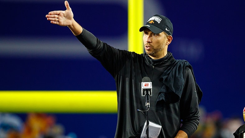 Jan 2, 2021; Glendale, AZ, USA; Iowa State Cyclones head coach Matt Campbell against the Oregon Ducks during the Fiesta Bowl at State Farm Stadium. Mandatory Credit: Mark J. Rebilas-USA TODAY Sports
