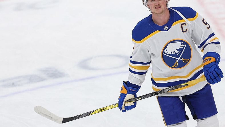Feb 18, 2021; Washington, District of Columbia, USA; Buffalo Sabres center Jack Eichel (9) skates during warmups prior to the Sabres' game against the Washington Capitals at Capital One Arena. Mandatory Credit: Geoff Burke-USA TODAY Sports