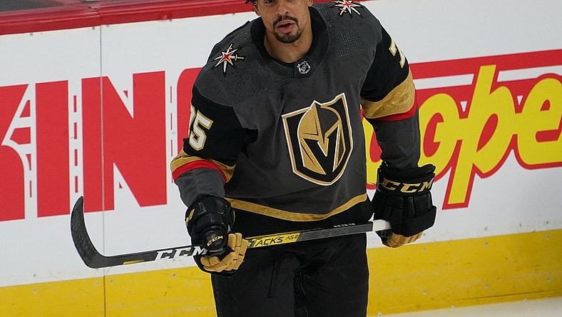 Mar 25, 2021; Denver, Colorado, USA; Vegas Golden Knights right wing Ryan Reaves (75) before the game against the Colorado Avalanche at Ball Arena. Mandatory Credit: Ron Chenoy-USA TODAY Sports