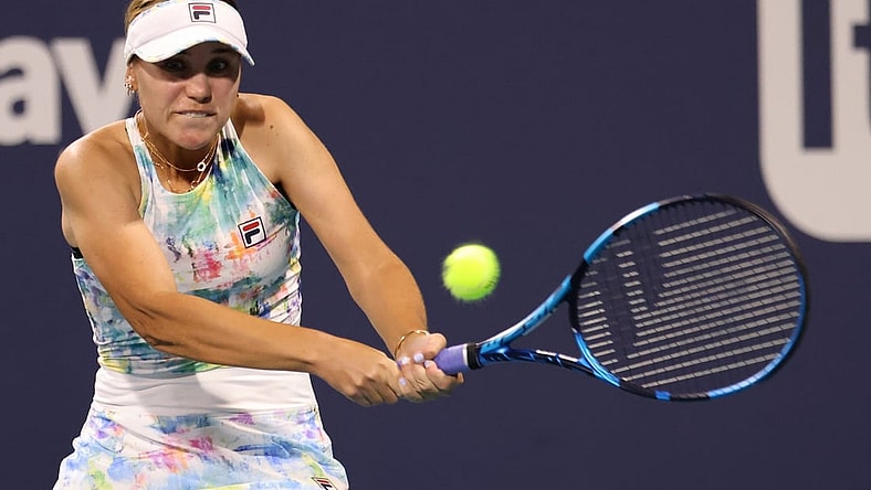 Mar 26, 2021; Miami, Florida, USA; Sofia Kenin of the United States hits a backhand against Andrea Petkovic of Germany (not pictured) in the second round in the Miami Open at Hard Rock Stadium. Mandatory Credit: Geoff Burke-USA TODAY Sports