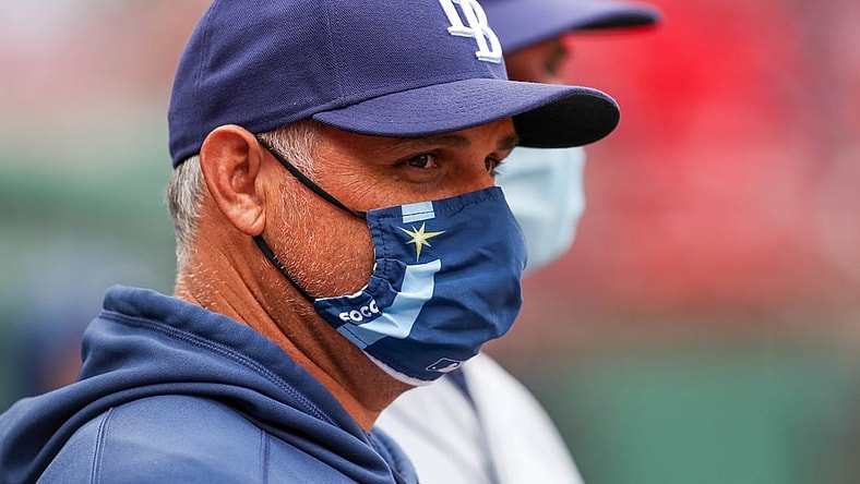 Apr 7, 2021; Boston, Massachusetts, USA; Tampa Bay Rays Manager Kevin Cash (16) reacts during the eighth inning against the Boston Red Sox at Fenway Park. Mandatory Credit: Paul Rutherford-USA TODAY Sports