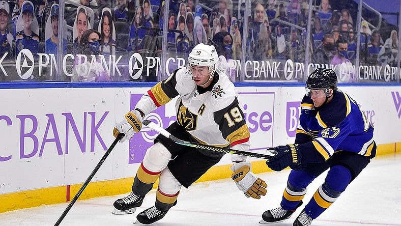 Apr 7, 2021; St. Louis, Missouri, USA;  Vegas Golden Knights right wing Reilly Smith (19) handles the puck as St. Louis Blues defenseman Torey Krug (47) defends during the third period at Enterprise Center. Mandatory Credit: Jeff Curry-USA TODAY Sports