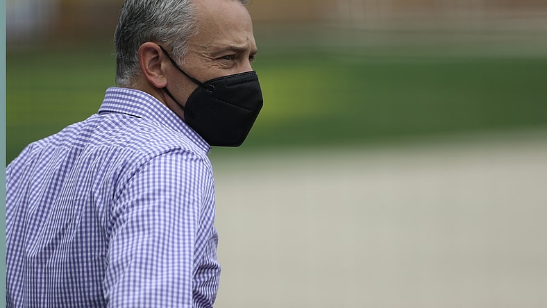 Apr 8, 2021; Pittsburgh, Pennsylvania, USA;  Chicago Cubs president of baseball operations Jed Hoyer looks on during batting practice before the Cubs play the Pittsburgh Pirates at PNC Park. Mandatory Credit: Charles LeClaire-USA TODAY Sports