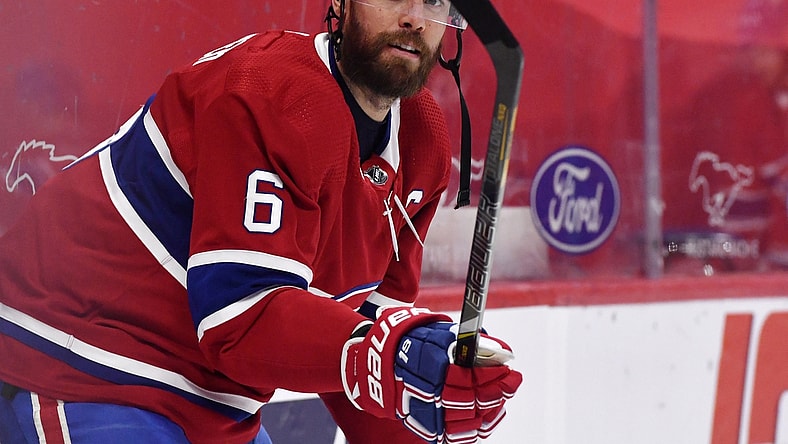 Apr 14, 2021; Montreal, Quebec, CAN; Montreal Canadiens defenseman Shea Weber (6) juggles a puck during the warmup period before the game against the Calgary Flames at the Bell Centre. Mandatory Credit: Eric Bolte-USA TODAY Sports