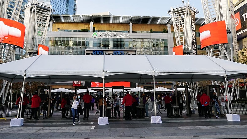 Apr 15, 2021; Los Angeles, California, USA; A security entrance point is set up outside Staples Center for spectators. Mandatory Credit: Gary A. Vasquez-USA TODAY Sports