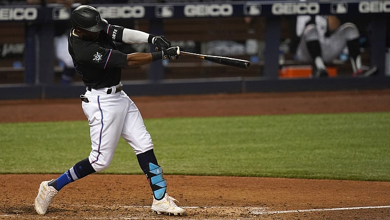 Apr 16, 2021; Miami, Florida, USA; Miami Marlins center fielder Starling Marte connects for a three-run homerun in the 8th inning San Francisco Giants at loanDepot park. Mandatory Credit: Jasen Vinlove-USA TODAY Sports