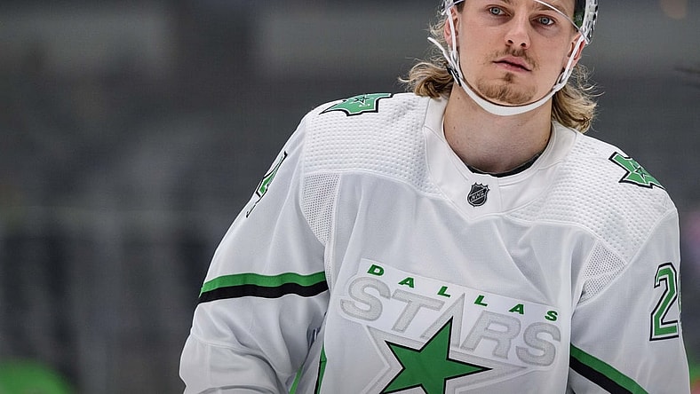 Apr 19, 2021; Dallas, Texas, USA; Dallas Stars left wing Roope Hintz (24) skates in warm-ups prior to the game against against the Detroit Red Wings at American Airlines Center. Mandatory Credit: Jerome Miron-USA TODAY Sports