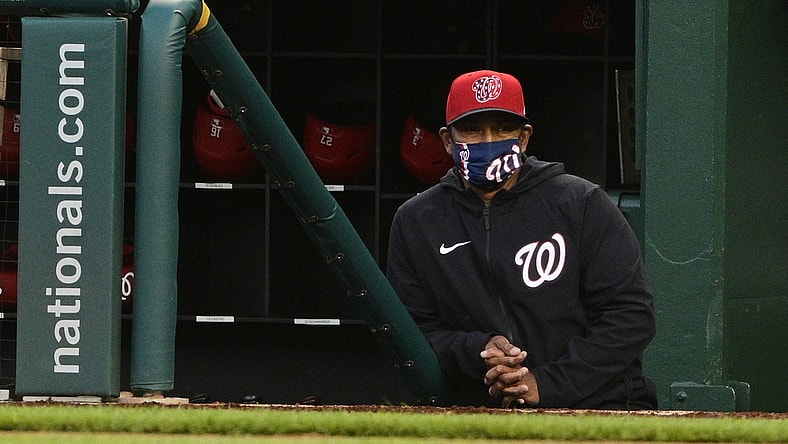 Apr 19, 2021; Washington, District of Columbia, USA;  Washington Nationals manager Dave Martinez looks onto the field during the first inning against the St. Louis Cardinals at Nationals Park. Mandatory Credit: Tommy Gilligan-USA TODAY Sports