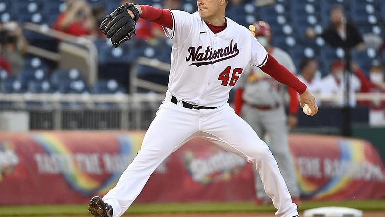 Apr 20, 2021; Washington, District of Columbia, USA; Washington Nationals starting pitcher Patrick Corbin (46) throws to the St. Louis Cardinals during the first inning at Nationals Park. Mandatory Credit: Brad Mills-USA TODAY Sports