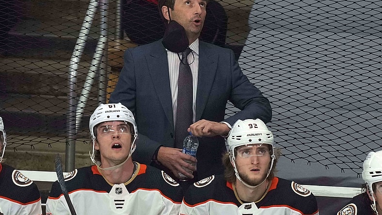 Apr 20, 2021; Los Angeles, California, USA; Anaheim Ducks coach Dallas Eakins reacts  in the first period against the LA Kings at Staples Center. Mandatory Credit: Kirby Lee-USA TODAY Sports