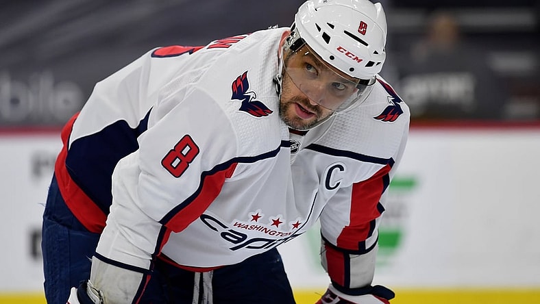Apr 17, 2021; Philadelphia, Pennsylvania, USA; Washington Capitals left wing Alex Ovechkin (8) looks on in the third period against the Philadelphia Flyers at Wells Fargo Center. Mandatory Credit: Kyle Ross-USA TODAY Sports