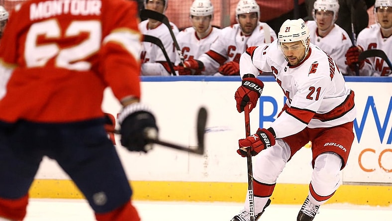 Apr 22, 2021; Sunrise, Florida, USA; Carolina Hurricanes right wing Nino Niederreiter (21) skates with the puck against the Florida Panthers during the first period at BB&T Center. Mandatory Credit: Sam Navarro-USA TODAY Sports