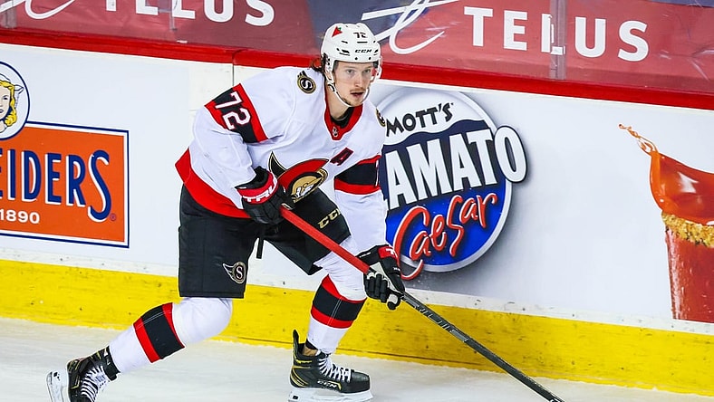Apr 19, 2021; Calgary, Alberta, CAN; Ottawa Senators defenseman Thomas Chabot (72) skates with the puck against the Calgary Flames during the third period at Scotiabank Saddledome. Mandatory Credit: Sergei Belski-USA TODAY Sports