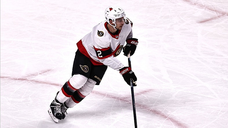 Apr 17, 2021; Montreal, Quebec, CAN; Ottawa Senators defenseman Artem Zub (2) skates with the puck against Montreal Canadiens during the first period at Bell Centre. Mandatory Credit: Jean-Yves Ahern-USA TODAY Sports